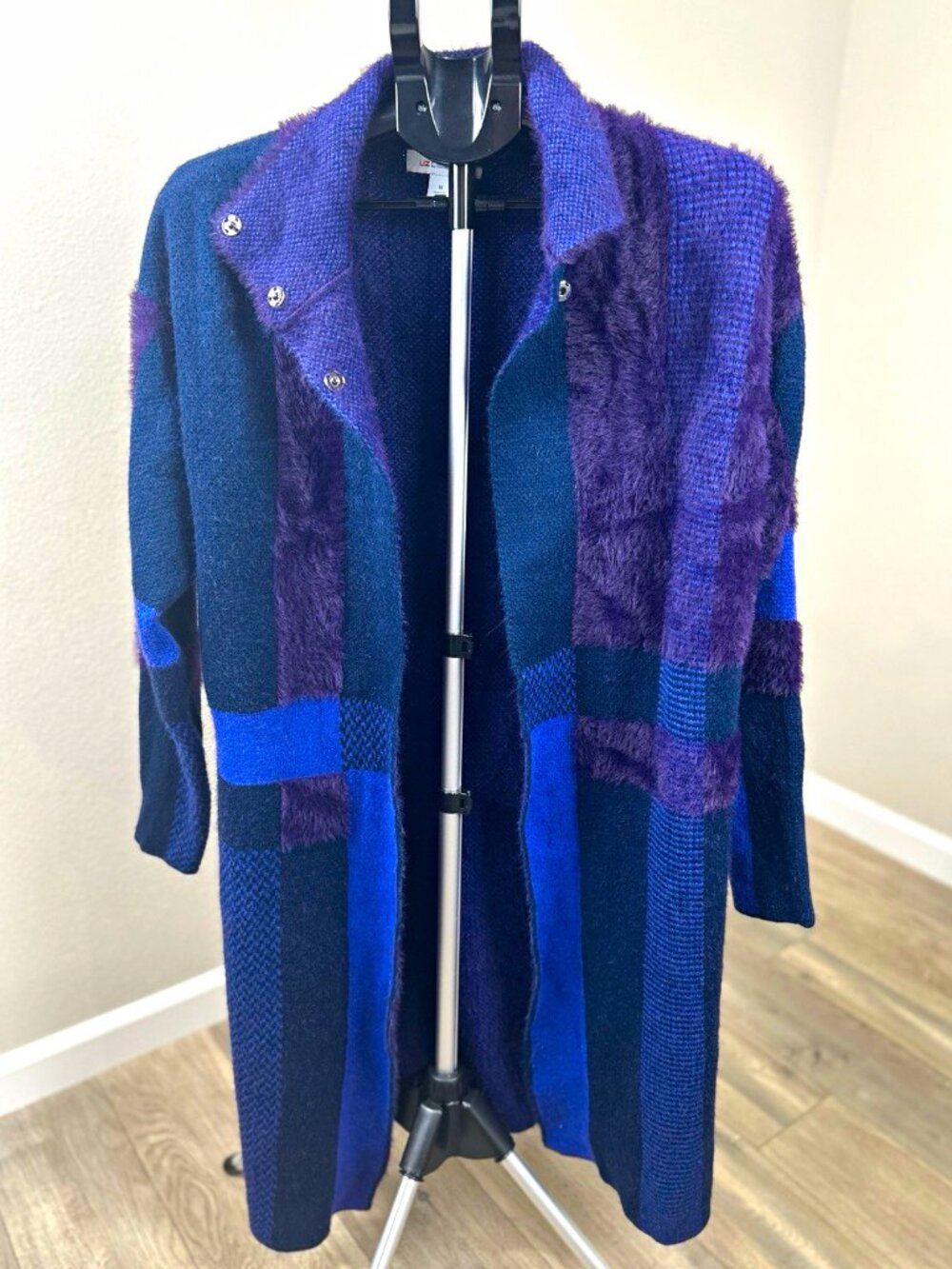 Liz Claiborne Women’s M Purple Navy Acrylic Blend Patchwork Long Cardigan